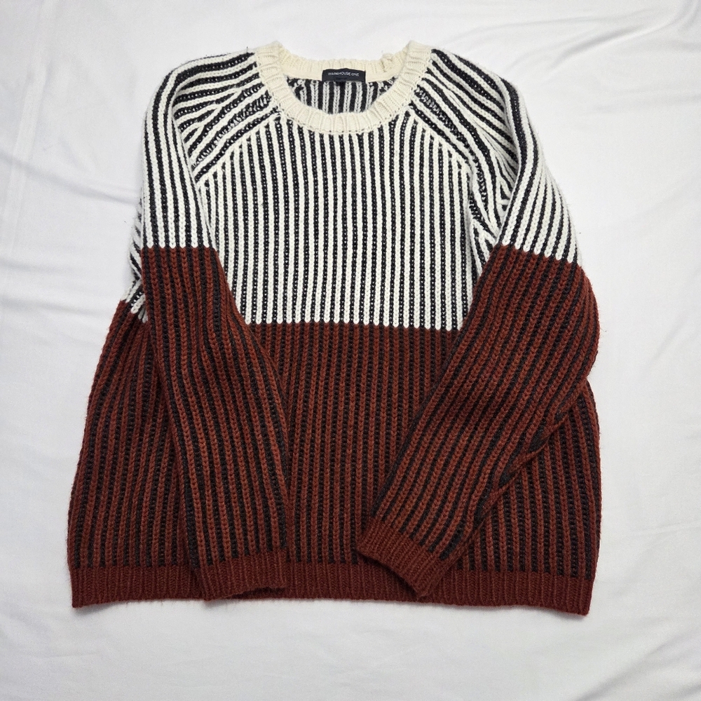 Warehouse One Colorblock Striped Chunky Knit Sweater Size M Rust Cream